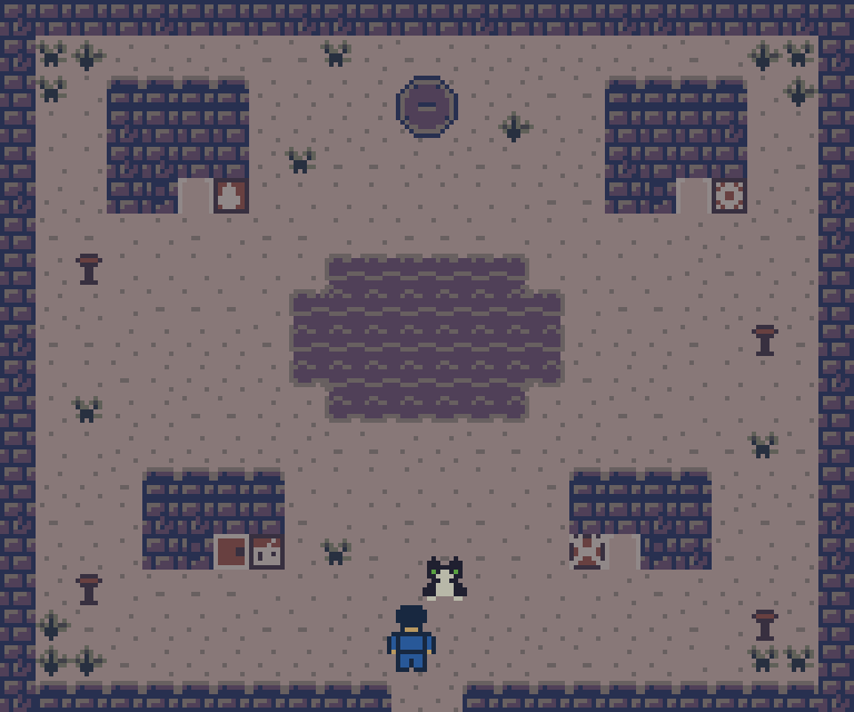 The settlement at dusk, with the basin and huts arranged around its paths.
