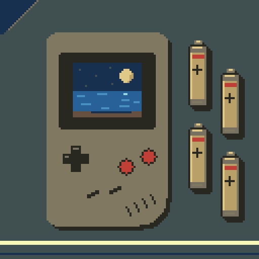 An original Game Boy showing a moonlit lake, beside four AA batteries on a blue-grey travel blanket.